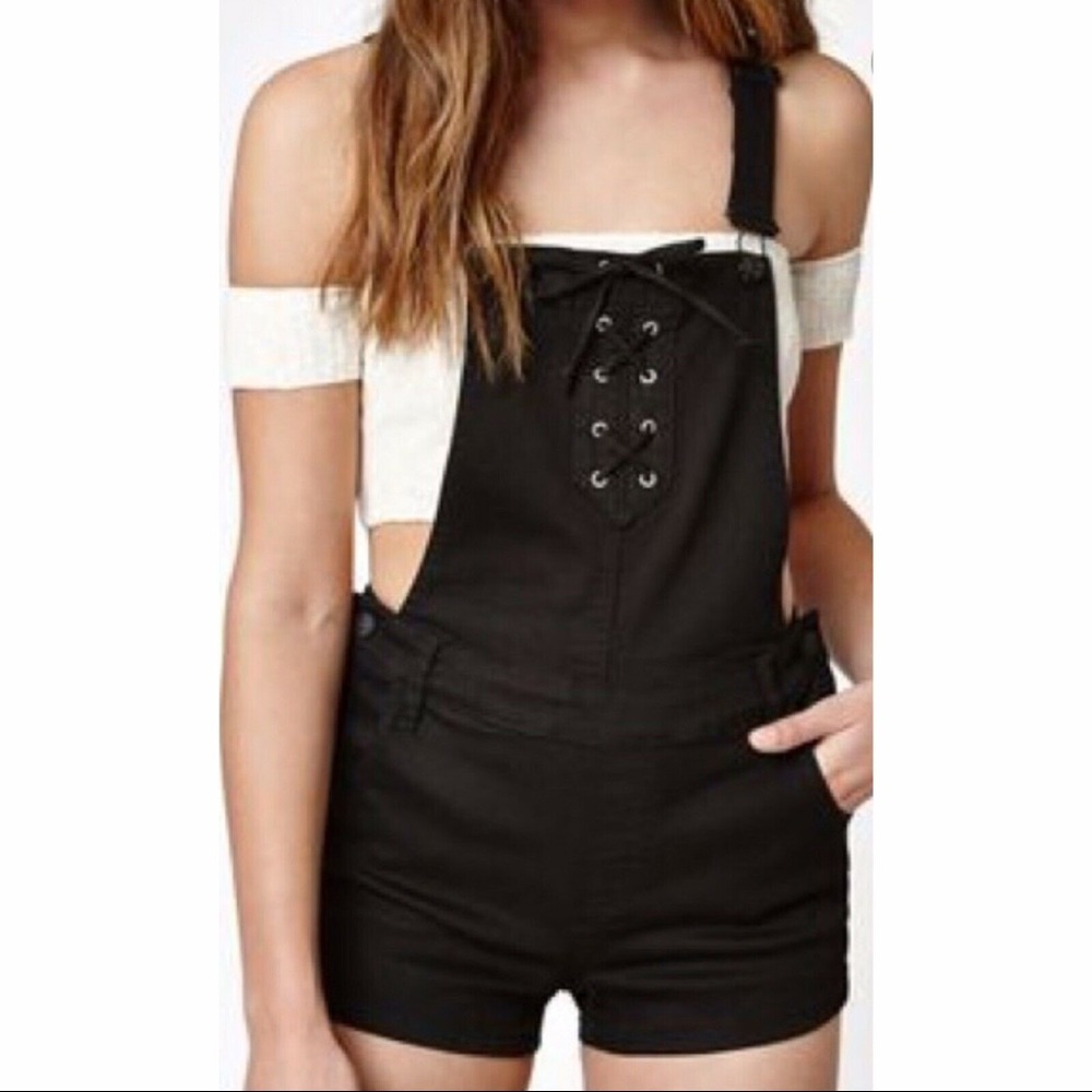 Black Denim Lace Up Overalls